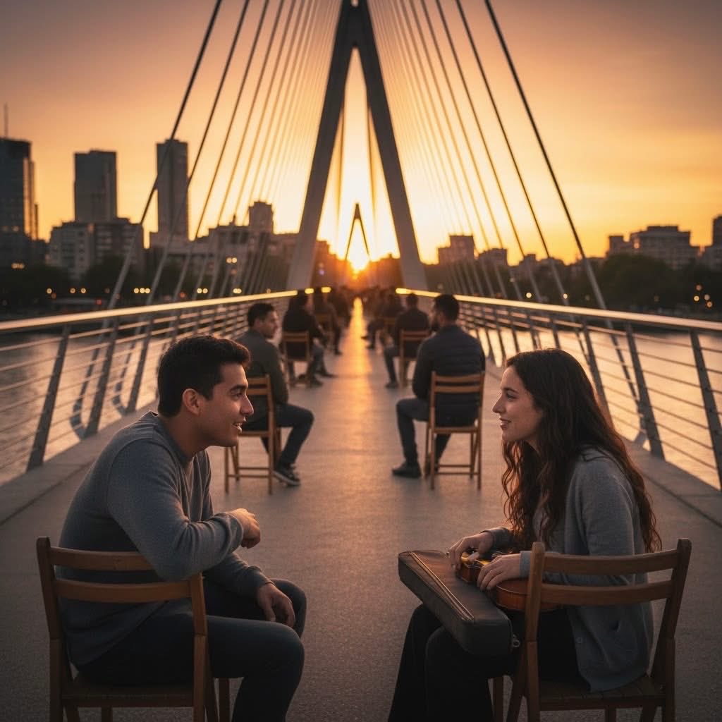 En el Puente de la Mujer, en el barrio de Puerto Madero, Santiago Benítez no buscaba fama. Solo buscaba una razón para seguir creyendo en las personas después de un año difícil. Una tarde de febrero de 2026, llevó una silla de madera plegable y un pequeño cartel de cartón.

Se