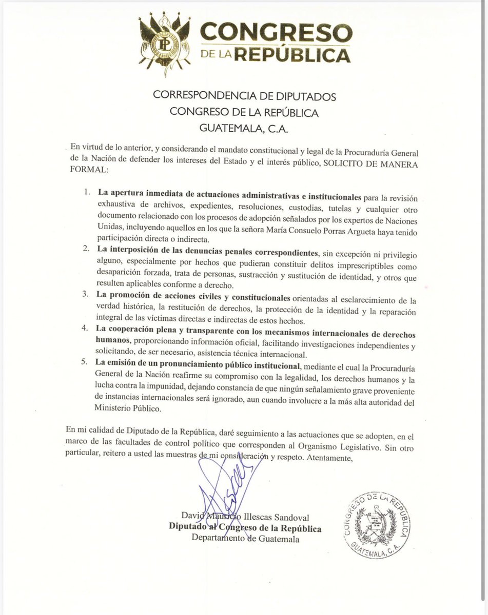 Hoy envié un oficio a la <a href="/PGNguatemala/">PGN Guatemala</a> por el pronunciamiento de la ONU que señala adopciones ilegales históricas y menciona directamente a Consuelo Porras. Solicito que se inicien las investigaciones correspondientes y se puedan iniciar las acciones que correspondan en contra de