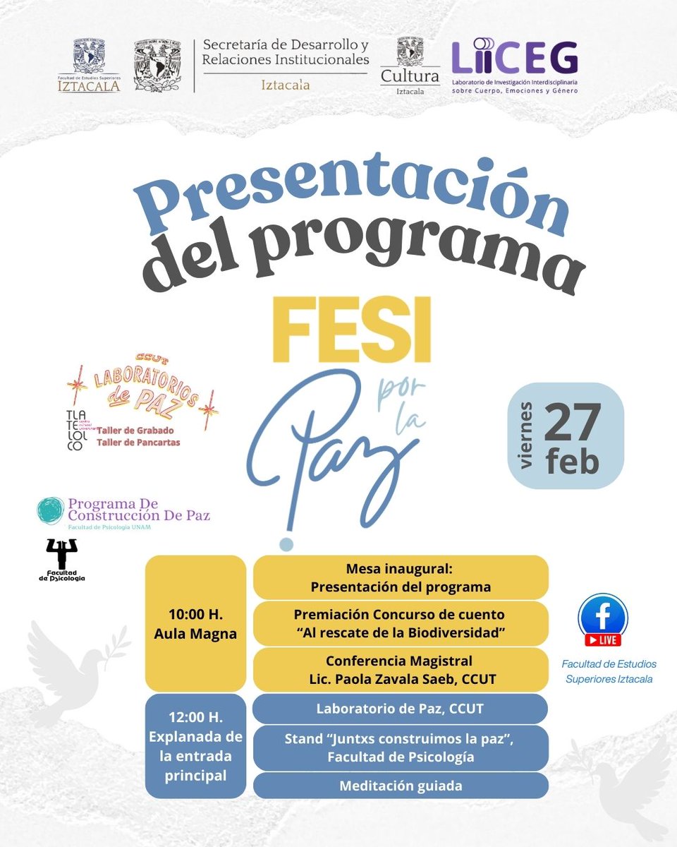 FESI_UNAM's tweet photo. ⚪ Conoce las actividades que la #FESI #UNAM realiza en la presentación del programa #FESIPorLaPaz
🗓 27 de febrero
⏰ 10:00 h
📍 Aula Magna y explanada de la entrada principal
#SDRI #CulturaIztacala #LIICEG #INBA #CCUT https://t.co/ZqTc8smsQf