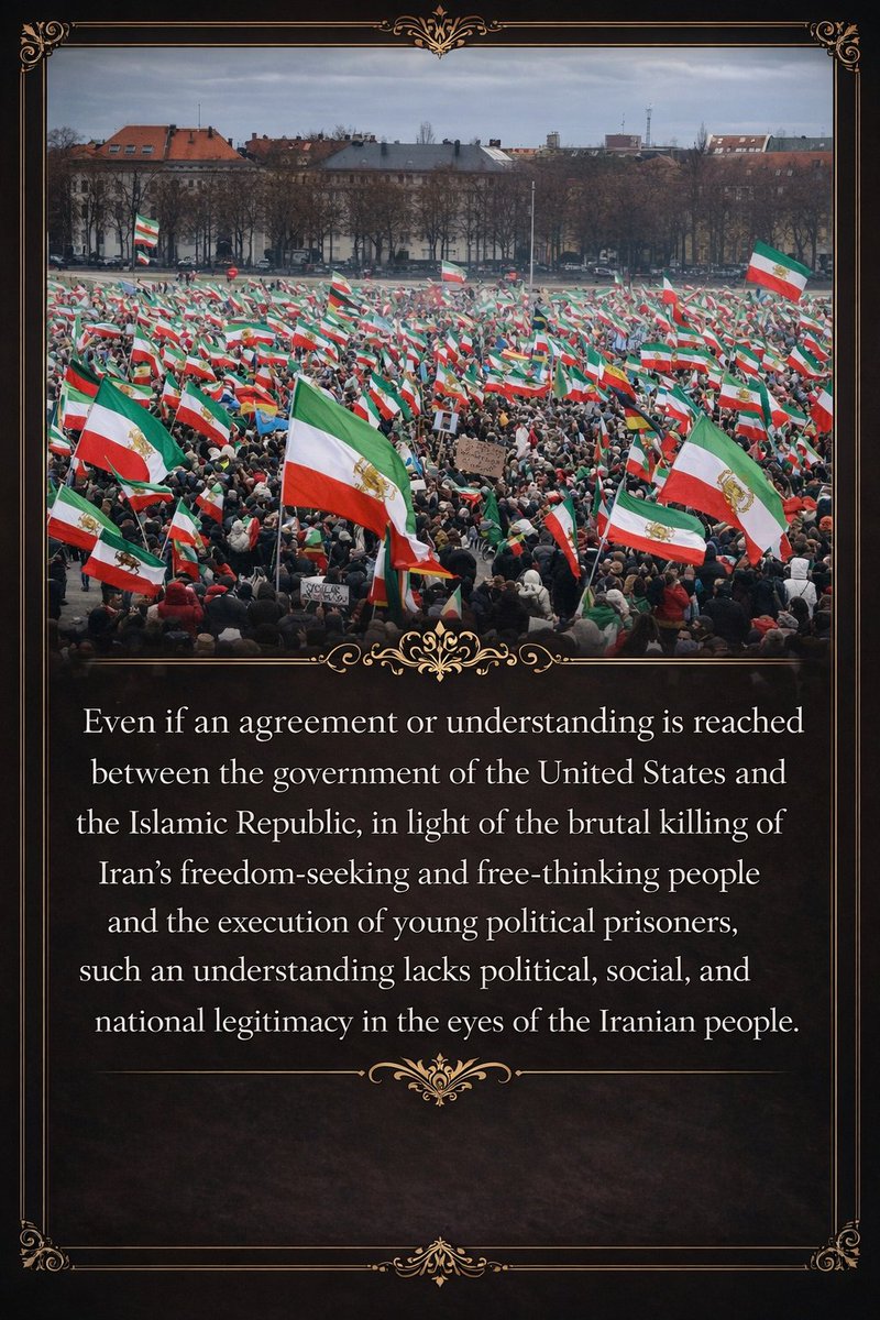 ArioBarzanm_'s tweet image. An agreement made amid the brutal killing of Iranians and the execution of young political prisoners is void of legitimacy. It does not represent, nor will it ever reflect, the will of the Iranian nation.
#ActNow
#KingRezaPahlavi