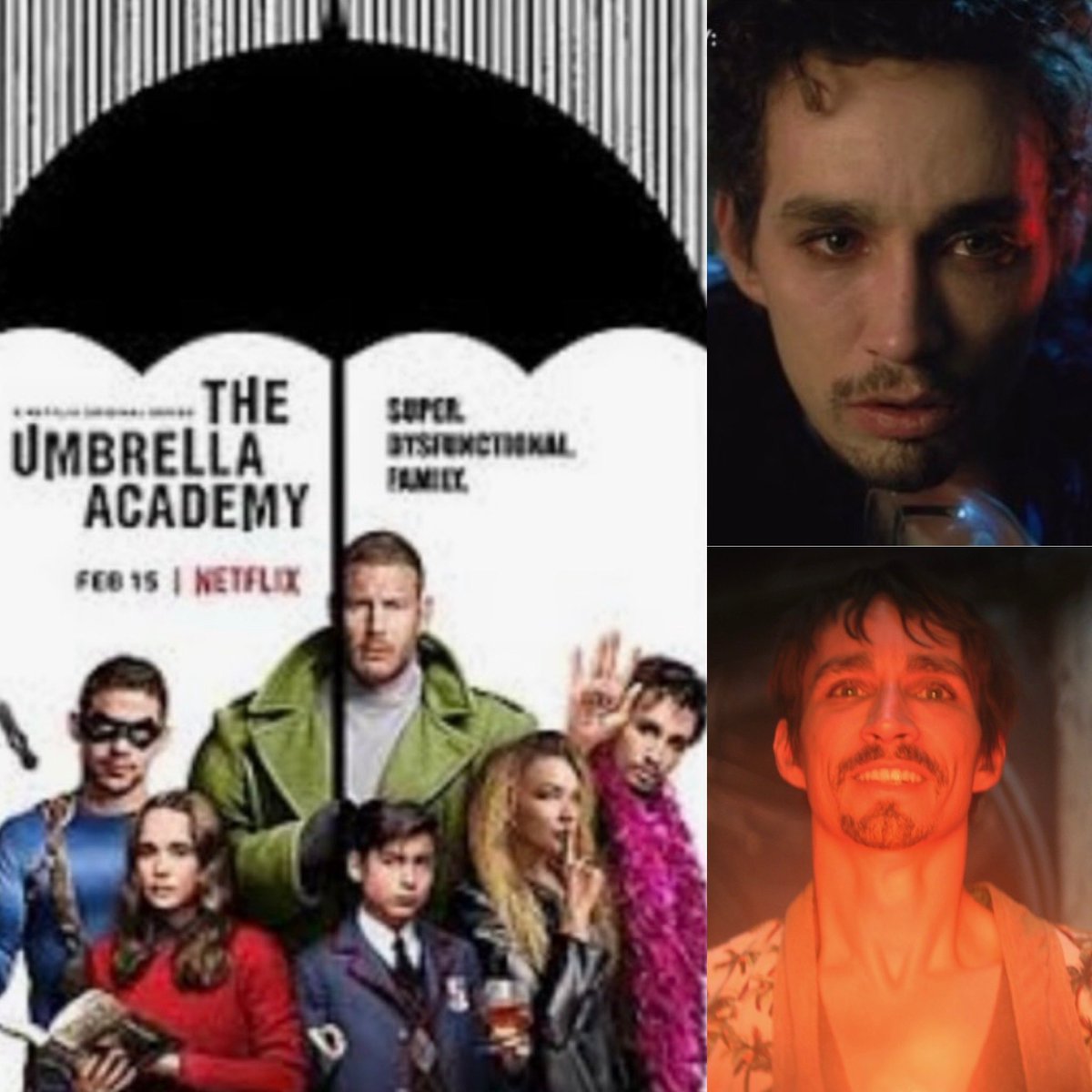 The Umbrella Academy Season 1 was released on 15th February 2019, seven years ago this week. Pics show the date reveal poster and Robert Sheehan as Klaus Hargreeves in his first and last scenes ( S1E1 and S4E6) ©️Netflix