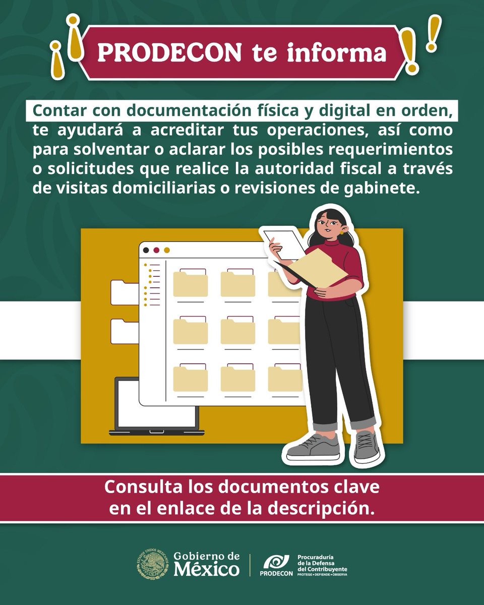 ProdeconMexico's tweet photo. #PRODETip 💡
Resguardar tu documentación física y digital es muy importante por si debes atender auditorías y revisiones fiscales. 👩🏻💻👨🏻💻
Conoce los documentos que debes conservar 👉🏻 https://t.co/lORrce2OF8
#PorTiEstamosAquí https://t.co/fRLEFYxbZD