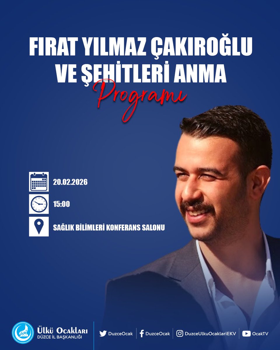 du_ulkuculeri's tweet photo. Fırat Yılmaz Çakıroğlu ve Şehitleri Anma Programı

Ülkü Ocakları Düzce İl Başkanlığı olarak düzenlediğimiz Fırat Yılmaz Çakıroğlu ve Şehitleri Anma Programı’na teşrifleriniz bizleri onurlandıracaktır.

📅 20 Şubat 2026
🕒 15.00
📍 Sağlık Bilimleri Konferans Salonu https://t.co/HufGhozFUs