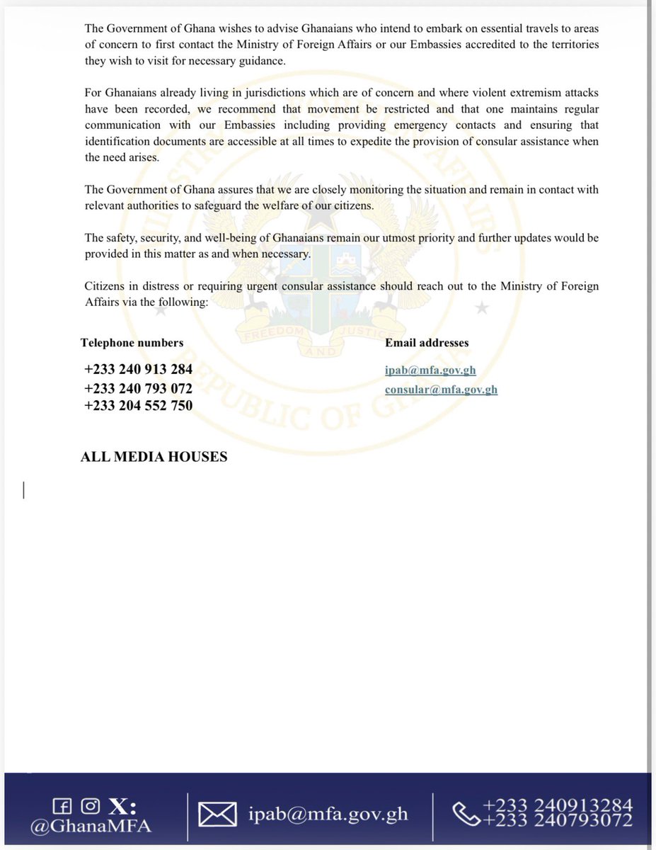 Government provides further update and new travel guidelines in the aftermath of the terror attack in Burkina Faso which claimed Ghanaian lives:

8 Ghanaians have now died;

Ghana strongly condemns and denounces terrorism, and all forms of violent extremism;

On President
