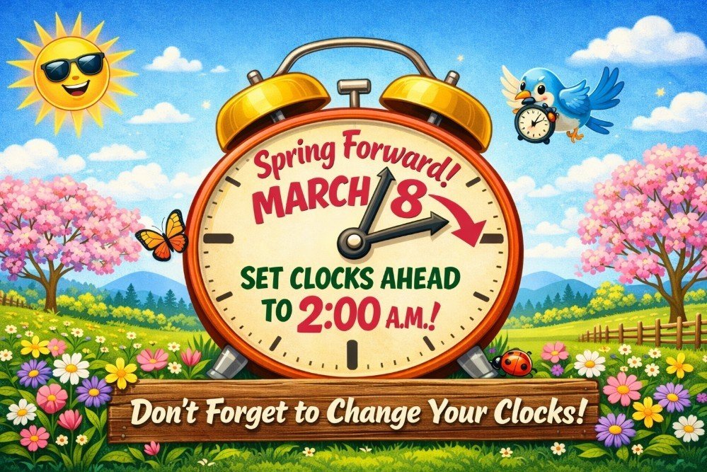 Remember to Spring Forward on March 8, 2026. Set your clocks ahead at 2:00 a.m. to begin Daylight Saving Time!