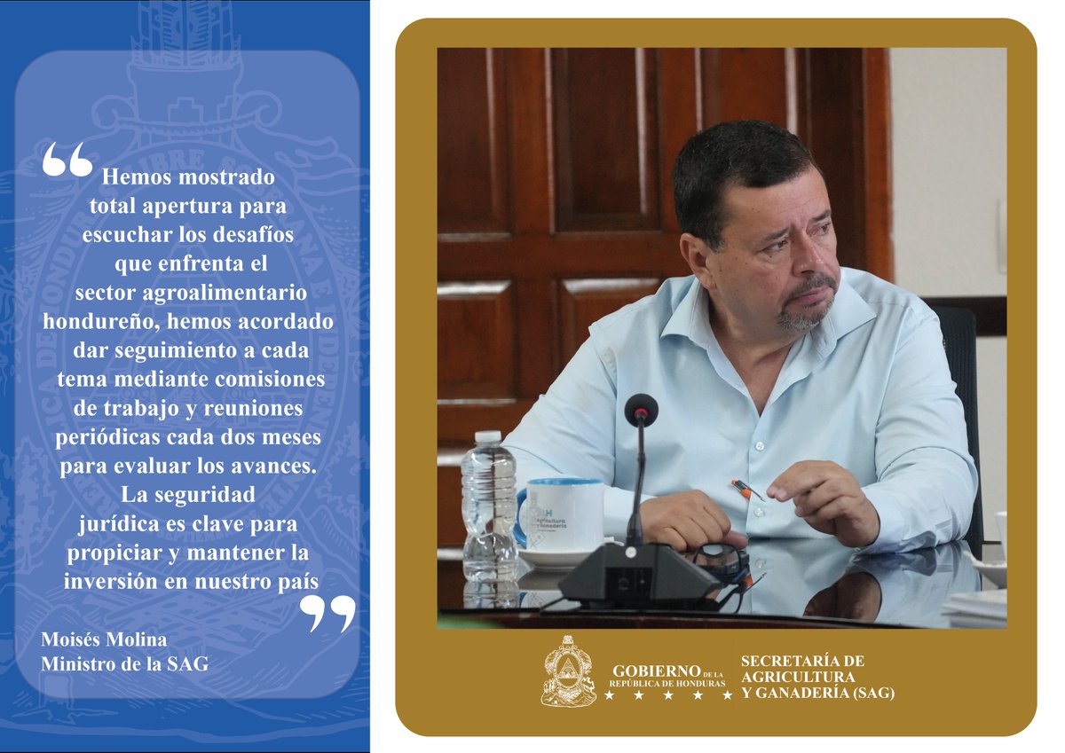 🔵 Ministro de la #SAG, Moisés Molina, sostuvo una reunión con representantes del sector agroindustrial 🌿 del país, con el objetivo de consolidar una agenda conjunta que permita dinamizar la producción nacional y mejorar la competitividad del agro hondureño 🇭🇳.