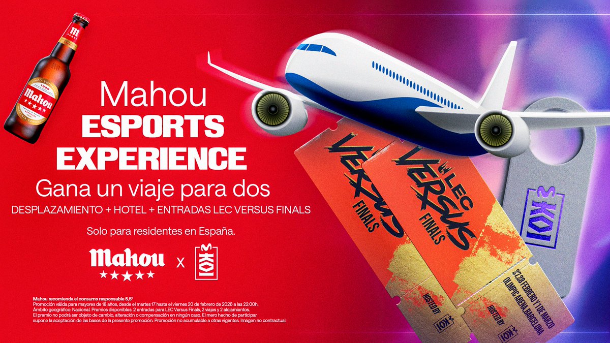 SORTEO VIAJE PARA 2 ✈️🎟️🎟️

Desplazamiento + Hotel + Entradas para ver las LEC Versus Finals en Badalona.

RT a este tuit
Sigue a <a href="/mahou_es/">Mahou</a> y <a href="/MovistarKOI/">Movistar KOI</a> 
Menciona a la persona con la que vendrías

¿Te apuntas? 👀