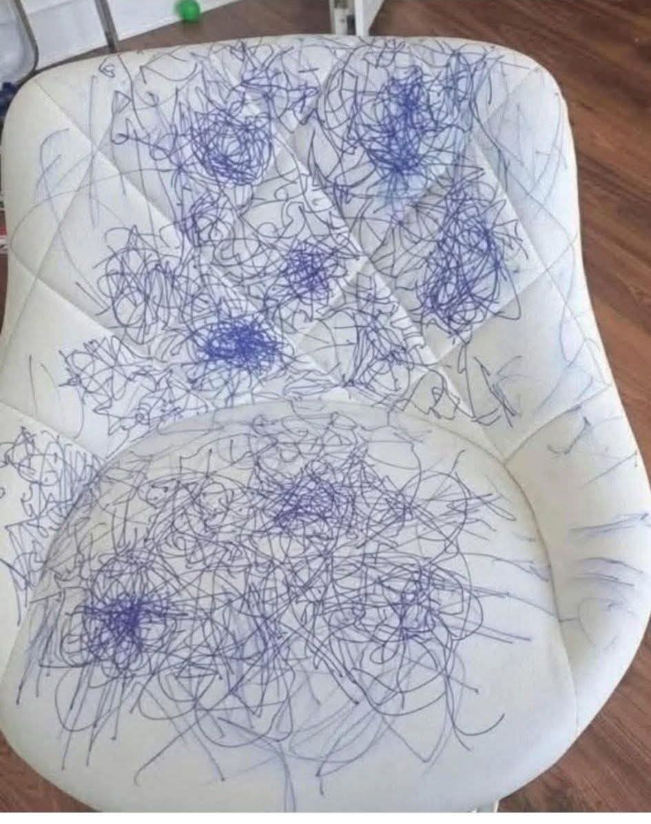 maahii_000's tweet photo. my son did this to my chair.. what should i do?? https://t.co/HeXlWllSXo