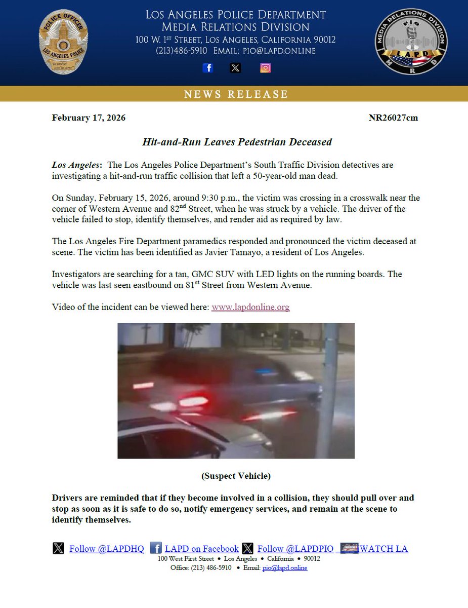 LAPDPIO's tweet photo. LAPD News: Hit-and-Run Leaves Pedestrian Deceased https://t.co/I0gmL7Wf4c