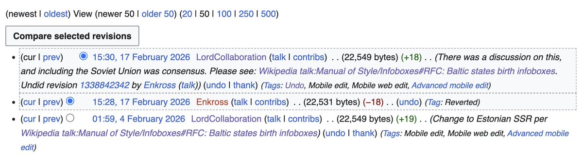 <a href="/Wikipedia/">Wikipedia</a> is systematically changing the birthplaces of Baltic nationals born between 1945 and 1991 to “Soviet Union.”

I corrected my own birthplace to Estonia. Within two minutes, an editor changed it back to “Estonian SSR, Soviet Union”

Let me be clear: I was born in Estonia