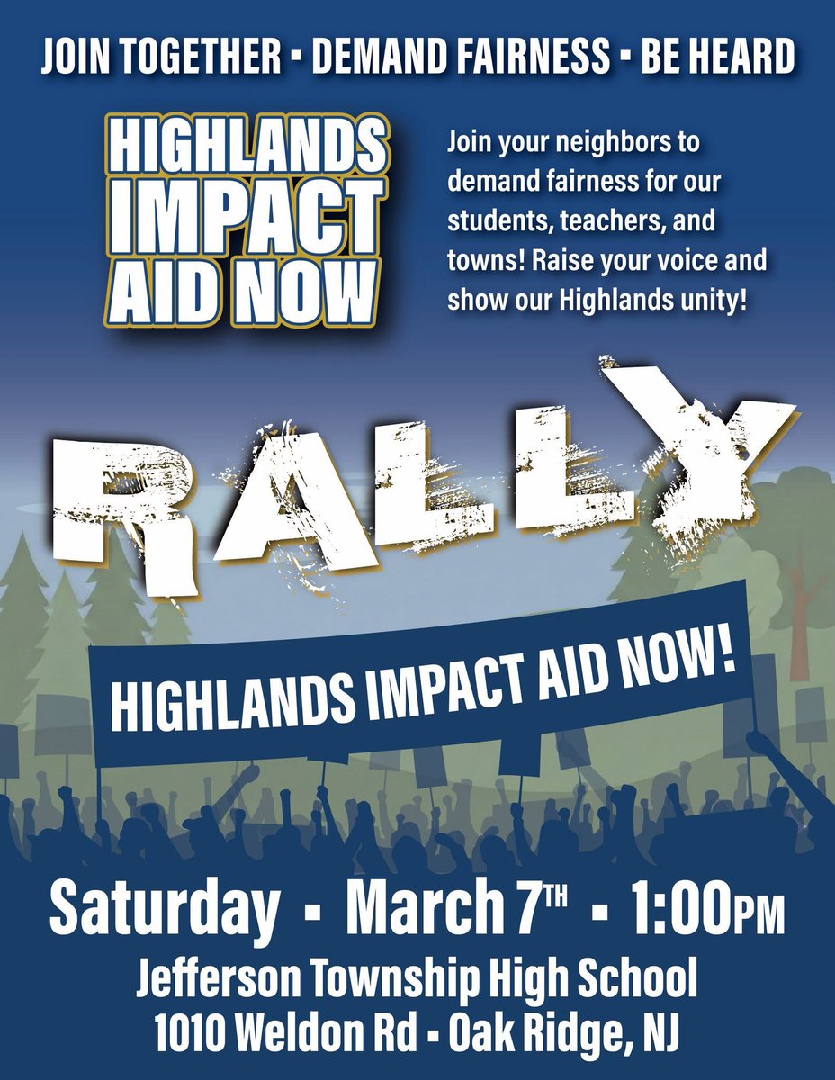📢 IT’S TIME TO RALLY!
The Highlands cannot afford to be quiet any longer. Join us and stand together to make our voices heard!
#highlandimpactaidnow <a href="/GovSherrillNJ/">Governor Mikie Sherrill</a>
<a href="/SpeakerCoughlin/">Speaker Craig J. Coughlin</a> <a href="/tonybucco/">Senator Anthony M. Bucco</a> <a href="/News12NJ/">News12NJ</a> <a href="/njdotcom/">njdotcom</a> <a href="/joepennacchio/">Sen. Joe Pennacchio</a> #njdoe #lilylaux #njeducation #nj #newjersey