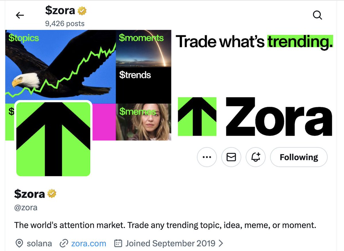 Interesting pivot from Zora.

> Now launching "attention markets" (aka content coins)
> All tokens only paired to ZORA on Solana
> New dapp only supports Solana
> "solana" as location in bio
> Dedicated Dexscreener DEX on Solana

Makes me a little sick, they were well taken care