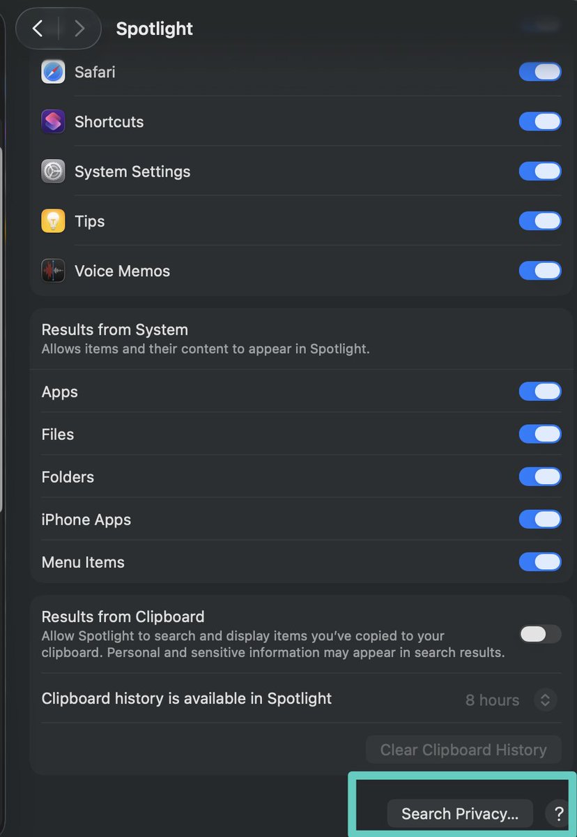 billyjhowell's tweet photo. Mac users:

I found a fix for a massive memory drain

Each time you boot up your MacBook, Spotlight tries to index every single tiny file.

If you code a lot, this could be tens or hundreds of thousands of files

Do yourself a GIGANTIC favor and go to Settings > Spotlight > Search Privacy... 

Add your folder where you store your repos

If you're running @openclaw add that folder too

glhf