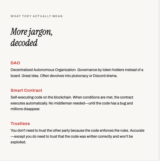 cryptojazzhands's tweet photo. Web3 Buzzword Bingo โ the decoder ring that teaches you to spot the difference between what's real and what's theater.
#Web3 #CryptoMarketing #Blockchain #MarketingStrategy #Web3Marketing #BrandStrategy #Decentralization #ThoughtLeadership #MessagingStrategy #JDayCreative https://t.co/dY3QRllPPH