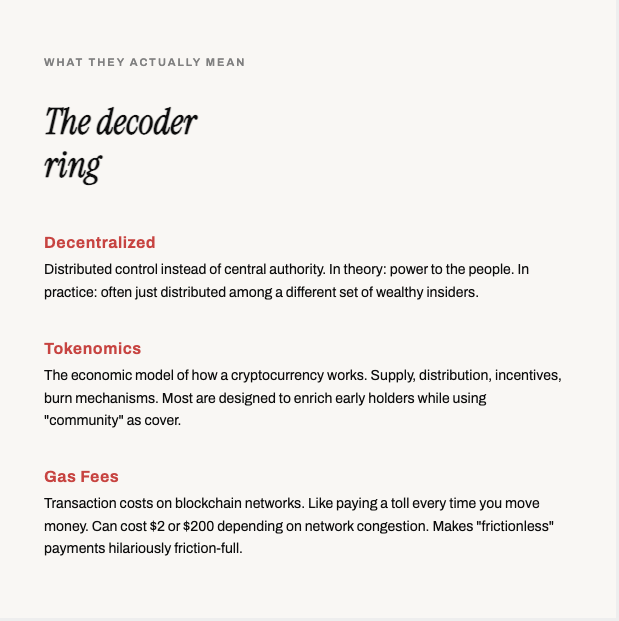 cryptojazzhands's tweet photo. Web3 Buzzword Bingo โ the decoder ring that teaches you to spot the difference between what's real and what's theater.
#Web3 #CryptoMarketing #Blockchain #MarketingStrategy #Web3Marketing #BrandStrategy #Decentralization #ThoughtLeadership #MessagingStrategy #JDayCreative https://t.co/dY3QRllPPH