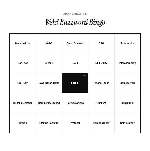 cryptojazzhands's tweet photo. Web3 Buzzword Bingo โ the decoder ring that teaches you to spot the difference between what's real and what's theater.
#Web3 #CryptoMarketing #Blockchain #MarketingStrategy #Web3Marketing #BrandStrategy #Decentralization #ThoughtLeadership #MessagingStrategy #JDayCreative https://t.co/dY3QRllPPH