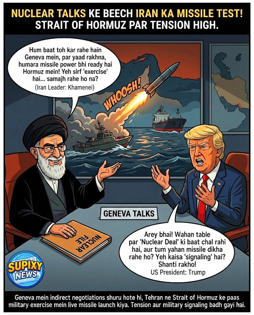 supixynews's tweet image. Geneva mein nuclear talks ke beech Iran ka Strait of Hormuz mein missile test! Timing kafi crucial hai. Dikhata hai ki global stage par discussions ke saath-saath ground par bhi "power play" chal raha hai. 
#IranMissileTest #NuclearDiplomacy #GlobalTensions #Hormuz #Trump