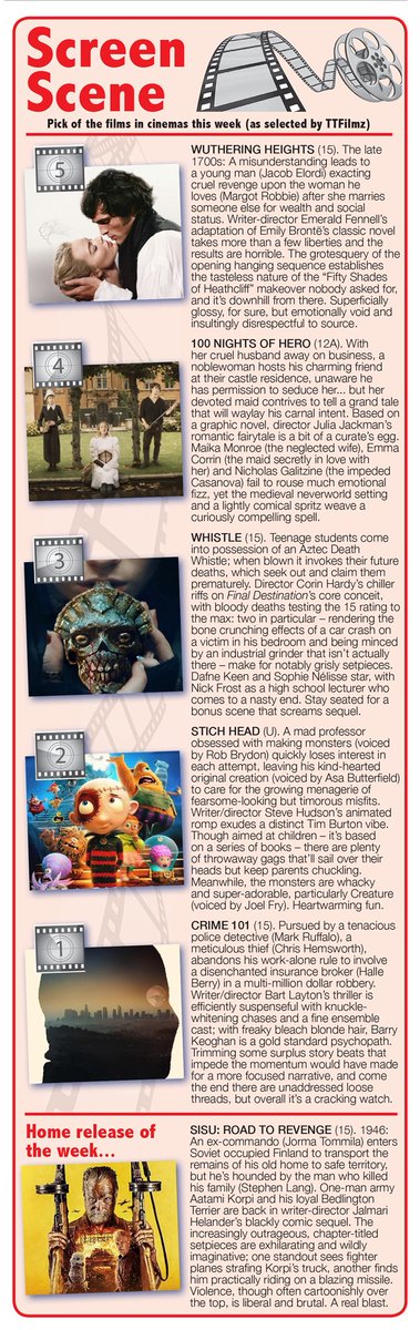 TTFilmz's tweet photo. “It’s a beautiful day, the cinemas are open and people are having a wonderful time.”
TTFilmz for @Observerseries & @HantsIndie - Pick of the films in cinemas + home release of the week.
#StitchHead
#Whistle
#Crime101
#100NightsOfHero
#WutheringHeights
#SisuRoadToRevenge https://t.co/EM7stZeNFv