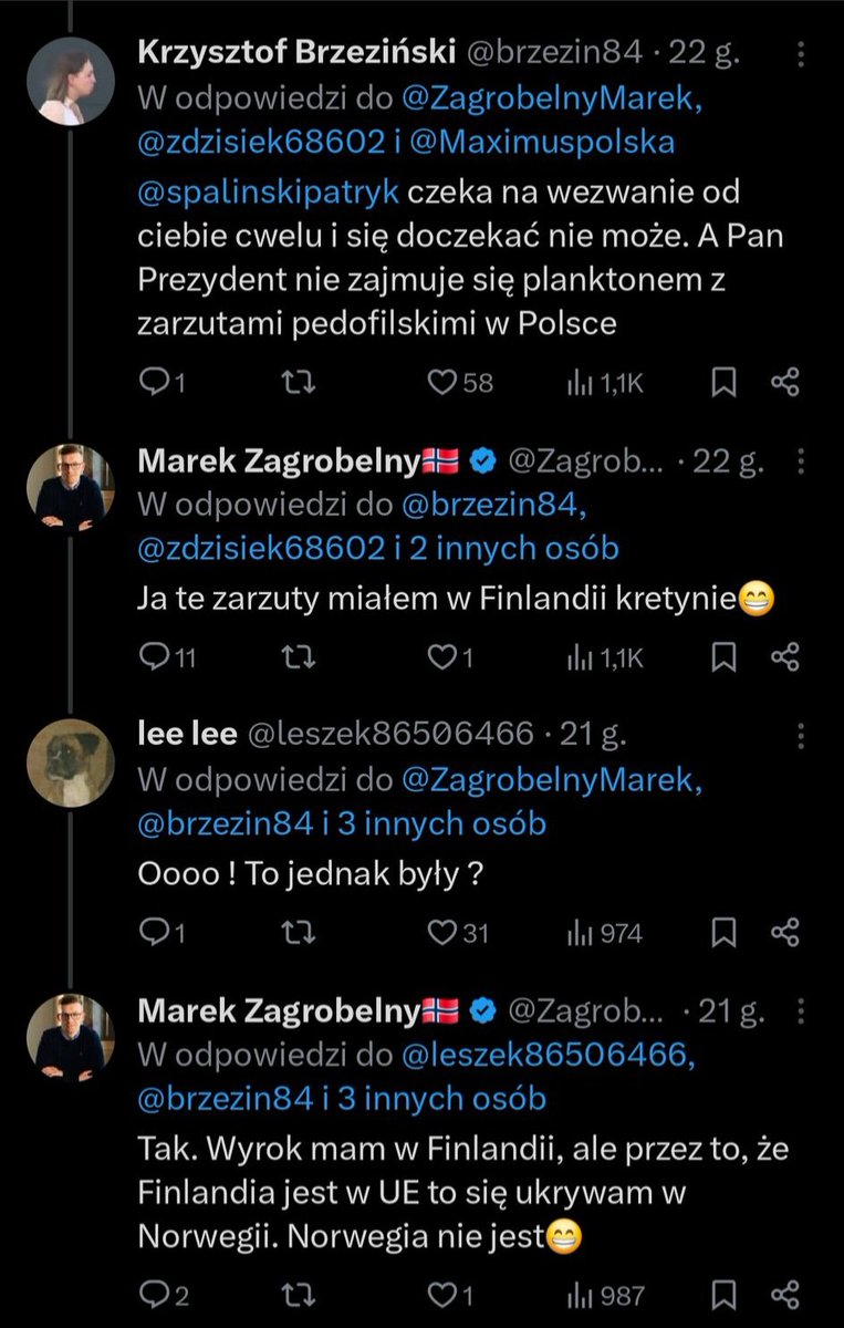 <a href="/ZagrobelnyMarek/">Marek Zagrobelny🇳🇴</a> Marek Zagrobelny to amator małych dziewczynek.
Jego wpisy traktujcie tak samo jakbyście czytali wysrywy innych pedofilów. Olać i zablokować.