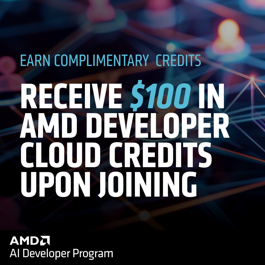 AIatAMD's tweet photo. Calling all devs! Have you joined the AMD AI Developer Program yet? You bring the ideas, we’ll bring the $100 in cloud credits, AMD dev experts, and GPU sweepstakes.