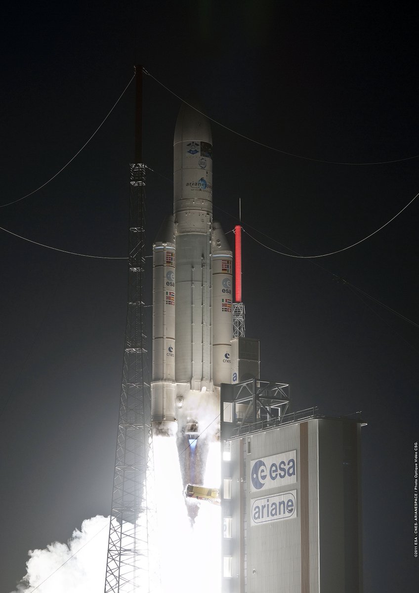 ESA_transport's tweet photo. @esaspaceflight @esa @Space_Station @CNES @Arianespace #LaunchedIt: Ariane 5 flight VA200 from Europe’s Spaceport in Kourou, French Guiana, at 21:50 GMT (18:50 local time) on 16 February 2011. The 200th launch of an Ariane rocket sent ATV-2 with 1760 kg of dry cargo, 860 kg of propellant and 100 kg of oxygen to the @Space_Station. https://t.co/qA2COGXH4J