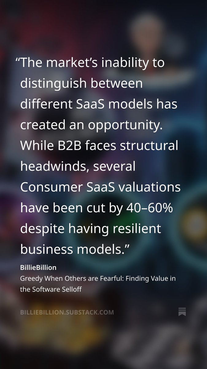 Mr Market has been generous when painting all SaaS companies red with a broad brush 📉 I like the valuations on some of the consumer SaaS companies $SPOT $SNAP $HOOD - however many B2B SaaS companies I would’t touch with a 10 foot pole…

billiebillion.substack.com/p/greedy-when-…