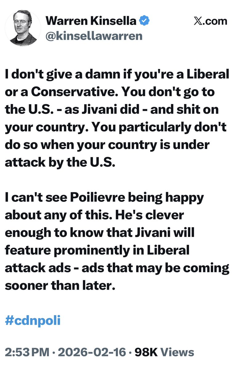 Warren Kinsella blocked me we’ve disagreed plenty.
But he’s absolutely right on this.
You don’t go to the U.S. and trash Canada.
Jamil Jivani should resign or be removed from caucus. Canadians deserve better.