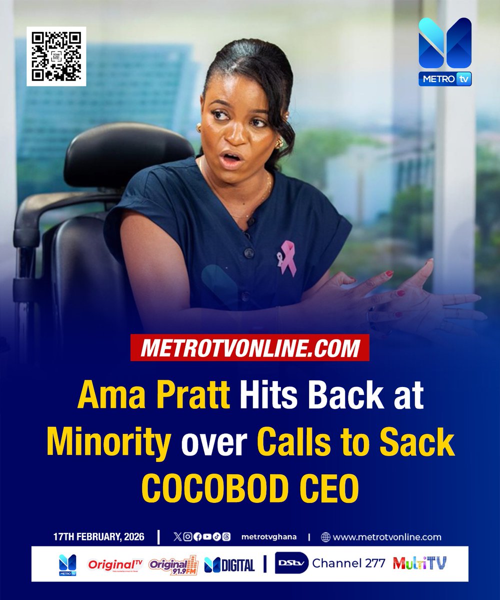Ama Pratt Hits Back at Minority over Calls to Sack COCOBOD CEO 

Click here for more stories 
metrotvonline.com 

#MetroNews #metrotvonline