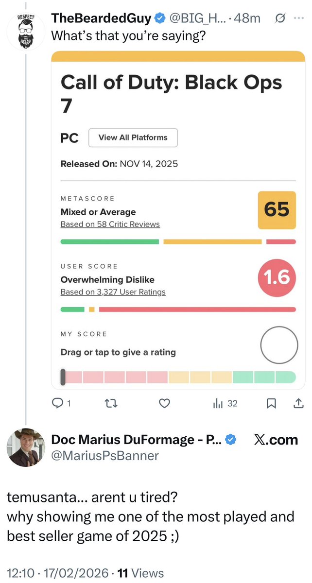 Bro tries to shit on #GodOfWarSonsOfSparta with Metacritic, then tries to invoke sales when shown Black Ops 7 is way lower.