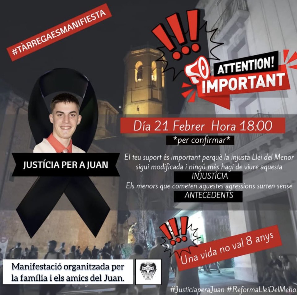 viquirepublica's tweet photo. Dissabte farà 6 mesos que un jove de Tàrrega va ser assassinat per un menor.

Sis mesos de silenci.
Sis mesos sense explicacions.
Sis mesos en què una mare conviu amb un dolor que no té nom… i tot i així no es rendeix.

“Si pot matar amb 17 anys, ha d’assumir les conseqüències.”

Ella sap que el seu fill ja no tornarà. Però també sap una altra cosa: amb la llei actual, en menys de cinc anys aquest menor tornarà a ser al carrer.
Això no és un càstig. És impunitat.

Avui ha convocat els mitjans. Dissabte convoca Tàrrega. No per odi. Per justícia. Perquè cap altra mare hagi de passar pel mateix.

Els carrers de Tàrrega haurien de quedar petits.
Cal moure’ns. Només així es canvien les coses.

Ha promogut també una petició per recaptar signatures per canviar aquesta llei injusta. Signa. Implica’t. No miris cap a una altra banda.

El seu fill no se’n beneficiarà. Però demà et pot passar a tu.

Què faries si hagués estat el teu fill?

L'ajudem? 
Signa 👉🏻https://t.co/VSkAN9fqJQ