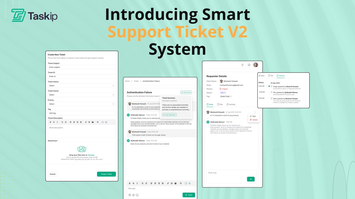 taskipapp's tweet photo. 🚀Smarter Support is here!

Our Support Ticket System now has:
🤖 AI replies &amp; ticket creation
🎙 Voice messages
📎 Media uploads
🚫 Spam control
🖨 Print tickets
⚡ Bulk actions &amp; sorting
🎨 Modern layout

Support made faster &amp; easier! 💙

#SupportTicket #ClientPortal #Taskip https://t.co/Y1KXT4WUfM