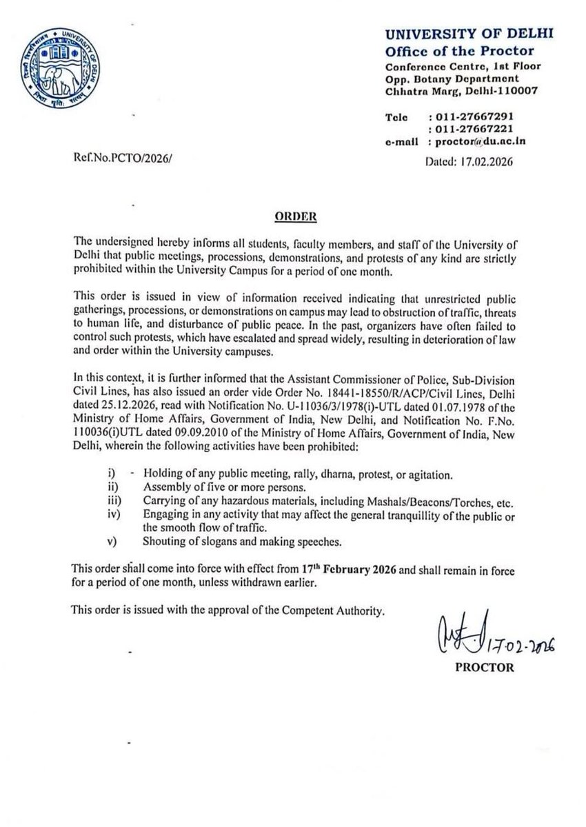 Delhi University was built on debate, dissent, and democratic participation. Banning protests, gatherings, and even slogan-raising is an authoritarian attempt to silence student voices.

RSS-appointed functionaries in the university fear the voices of vanchit students and despite