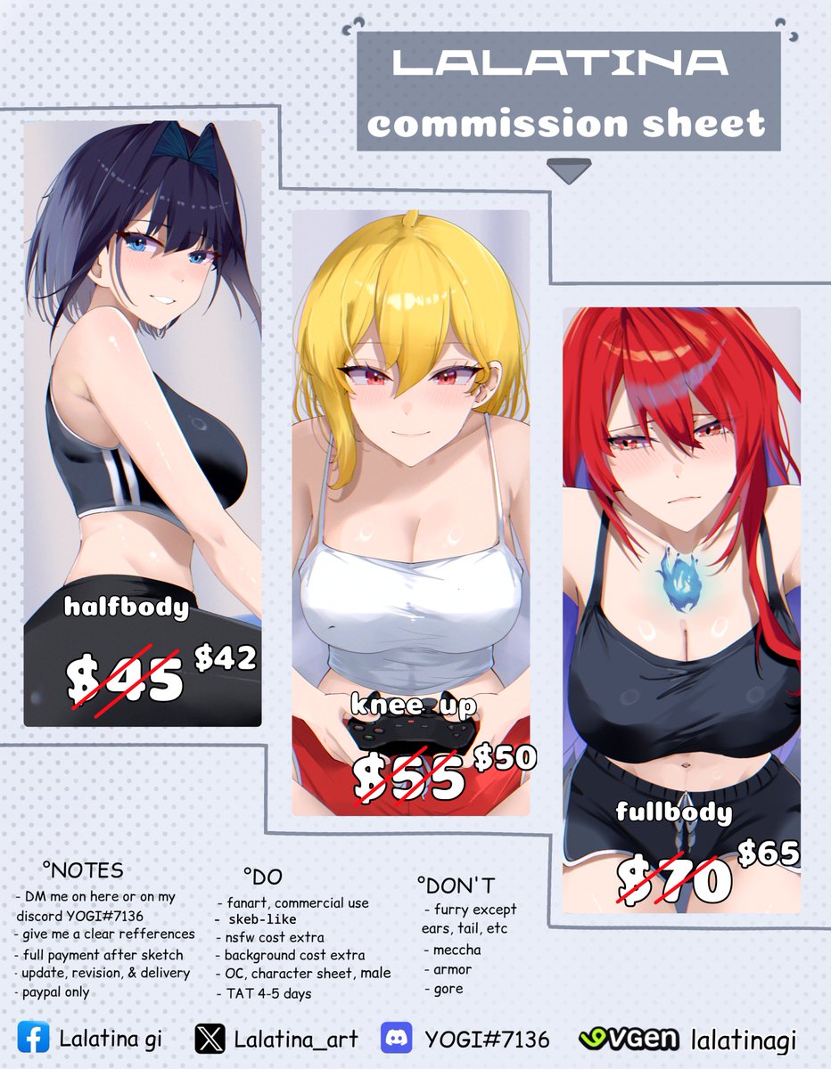 Repost are very appreciated!✨ 

Hello! I'm opening commission! 
With a Discount this time 👀
you can DM me here or go to VGen

here's for FULL info &amp; samples:
lalatinagi.carrd.co
Also skeb-like is 20% off at VGen. 
vgen.co/lalatinagi

#Commission 
#commissionopen