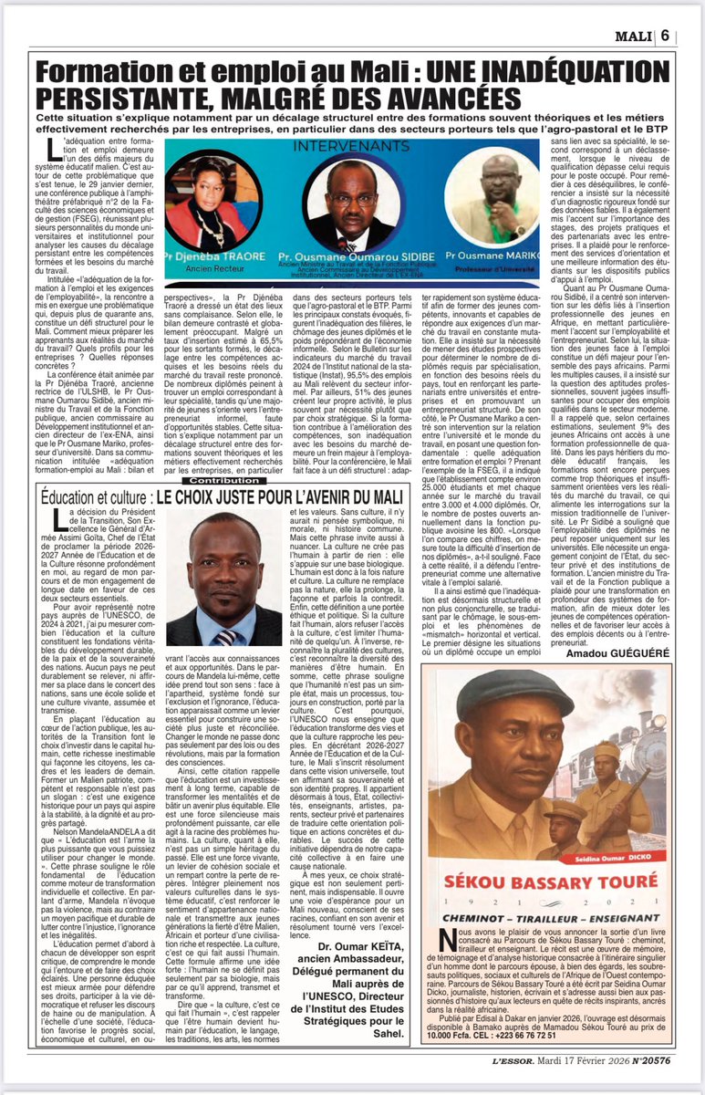 Mon article paru dans le Journal « l’Essor » daté du 17 février 2026
