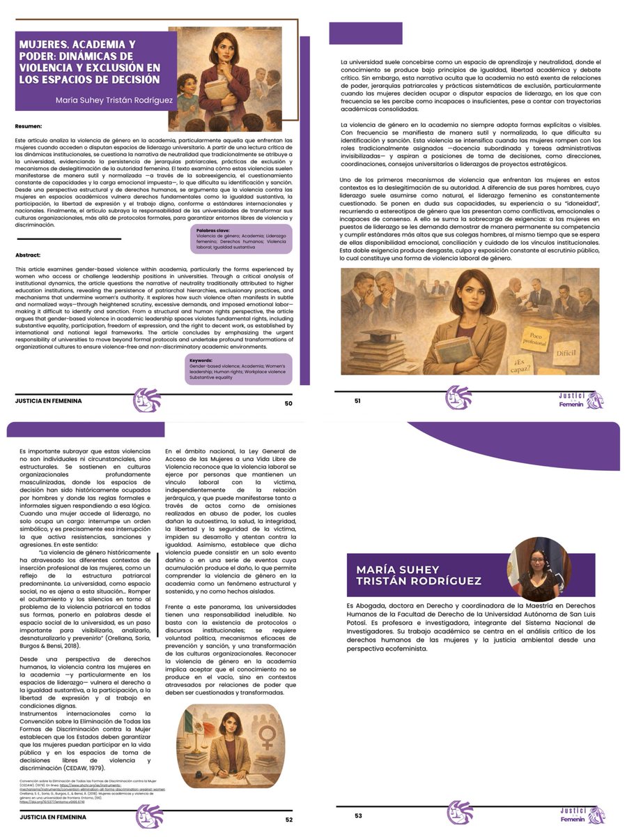 Continuamos con la difusión de la revista  de nuestra asociación <a href="/amjuzgadoras/">amjuzgadoras</a> JusticiA en femeninA hoy te comparto: 

Mujeres, academia y poder: dinámicas de violencia y exclusión en los
espacios de decisión.

La violencia de género también toca a las mujeres dentro de la