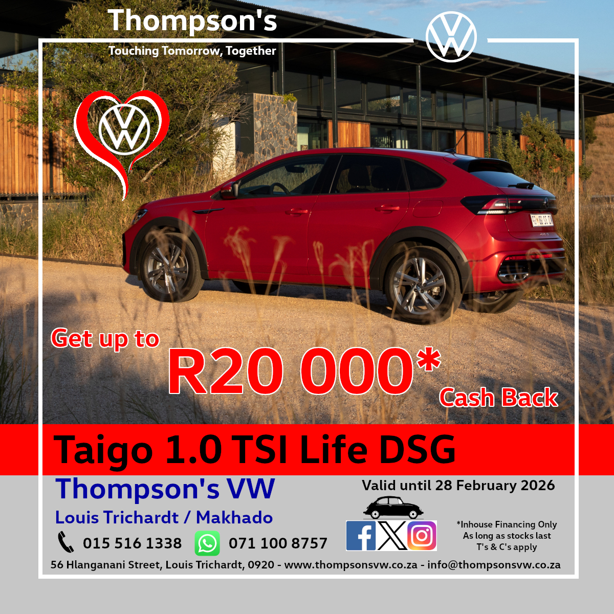 Special offers @ Thompson's VW. 
Visit our website at thompsonsvw.co.za for more. 
Email: info@thompsonsvw.co.za, 
WhatsApp: 071 100 8757, 
Tel: 015 516 1338.
#specials #promotion #thompsonsvw