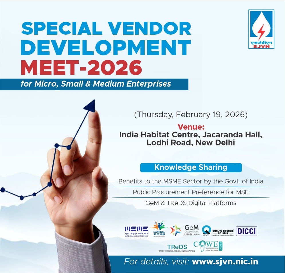 SjvnLimited's tweet image. Join Us !!
Vendor Development Meet 2026 – Advancing Inclusive Growth through Strategic Partnerships. 
#VendorMeet #MSMEGrowth #scstmsme #womenenterpreneur #WomenInBusiness #msmeindia #Entrepreneurship 
@MinOfPower 
@minmsme 
@scsthub 
@GeM_India 
@QualityCouncil 
@IndiaCowe