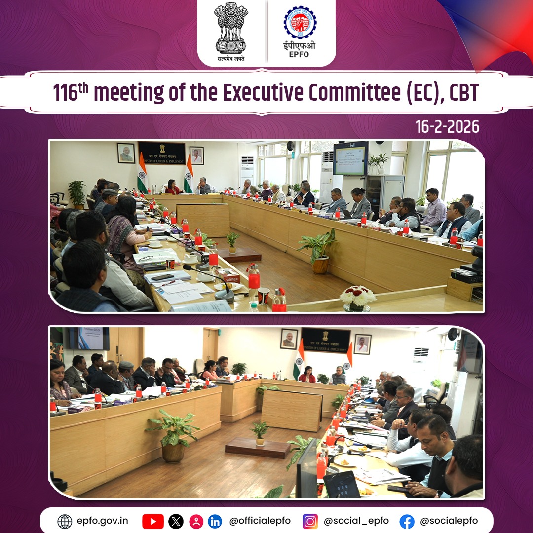 Ms. Vandana Gurnani, Secretary, Ministry of Labour &amp; Employment, Government of India, chaired 116th meeting of the Executive Committee(EC) of Central Board of Trustees (CBT), EPF, in New Delhi. Shri Ramesh Krishnamurthi, Central Provident Fund Commissioner (CPFC), along with
