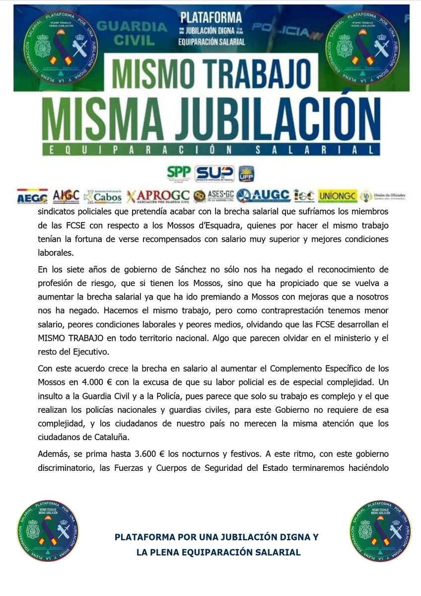 Sup_Policia's tweet photo. La Plataforma por una Jubilación Digna y la plena Equiparación Salarial denuncia el nuevo desprecio del Gobierno a la Policía Nacional y a la Guardia Civil con el aumento salarial de los Mossos
El Gobierno⤵️
❌️No cumple el acuerdo de Equiparación Salarial
❌️No nos declara Profesión de Riesgo
❌️No solo no nos da lo que merecemos, sino que agranda la brecha salarial con los Mossos⤵️
https://t.co/qmSmtUL3oD
