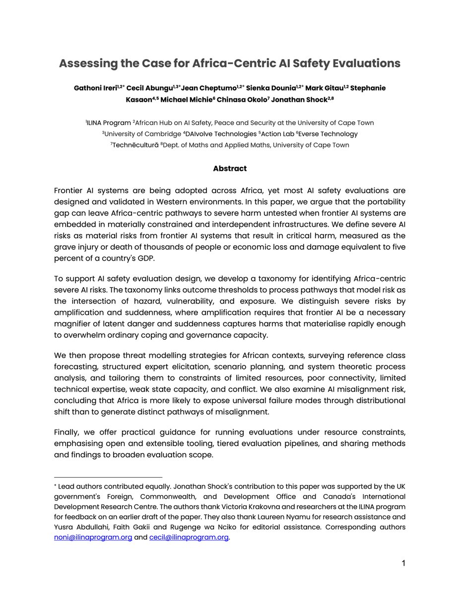 Proud to be part of this collaboration on identifying Africa-centric AI safety risks, led by <a href="/ILINAProgram/">ILINA Program</a>! 

As the India AI Impact Summit gets underway, work examining context-specific AI evaluations &amp; safety risks is needed now more than ever. arxiv.org/abs/2602.13757