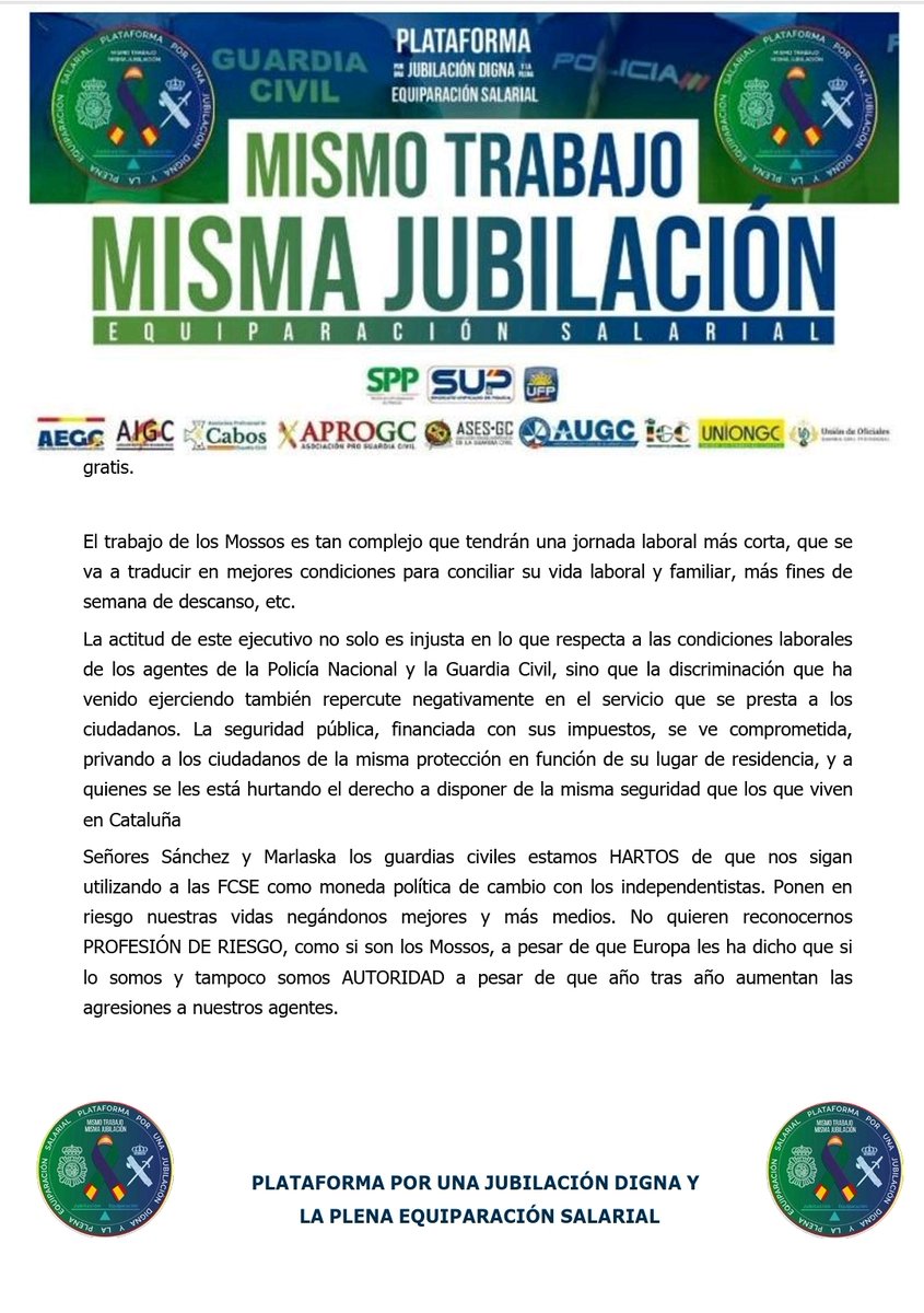 Sup_Policia's tweet photo. La Plataforma por una Jubilación Digna y la plena Equiparación Salarial denuncia el nuevo desprecio del Gobierno a la Policía Nacional y a la Guardia Civil con el aumento salarial de los Mossos
El Gobierno⤵️
❌️No cumple el acuerdo de Equiparación Salarial
❌️No nos declara Profesión de Riesgo
❌️No solo no nos da lo que merecemos, sino que agranda la brecha salarial con los Mossos⤵️
https://t.co/qmSmtUL3oD