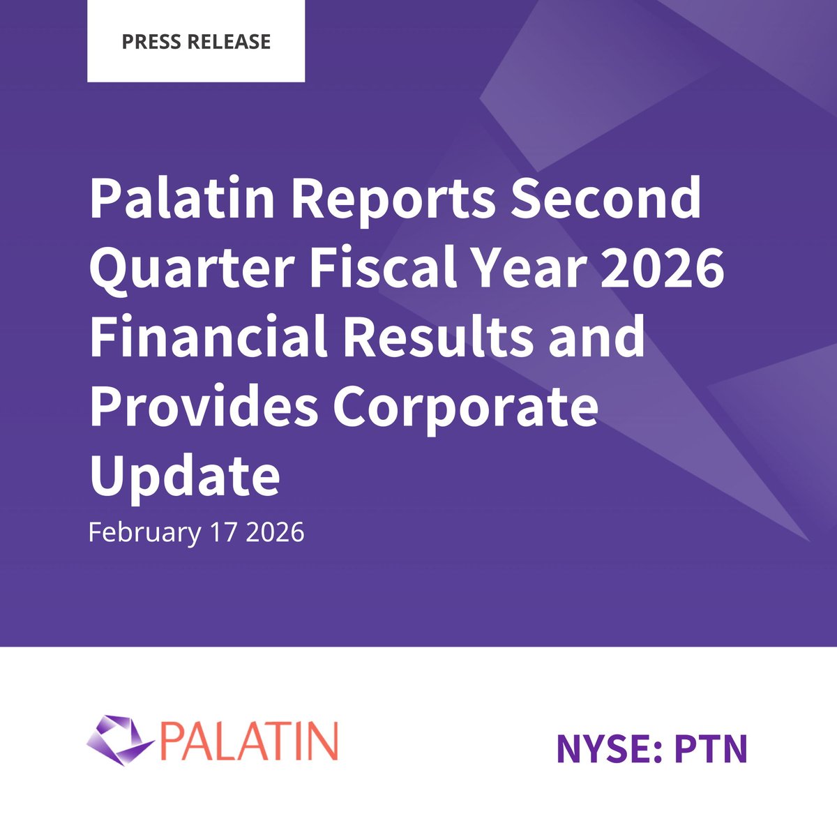 Palatin Reports Second Quarter Fiscal Year 2026 Financial Results and Provides Corporate Update 

Read the Full Press Release 👉 palatin.com/press_releases…

#PTN #PTNT #NYSE #OTCQB #News