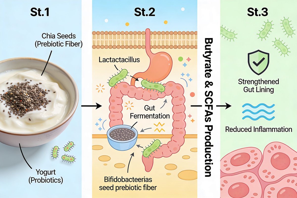 DrKristieLeong's tweet photo. Most people toss chia seeds into water and call it a day. But when you do this, you leave major gut benefits on the table. 

Pairing chia with yogurt creates a prebiotic‑probiotic synergy that boosts short‑chain fatty acids like butyrate, which help calm inflammation and strengthen the gut lining. 

Asmall gut-friendly tweak that pays off with better gut health. 

#GutHealth
#ChiaSeeds