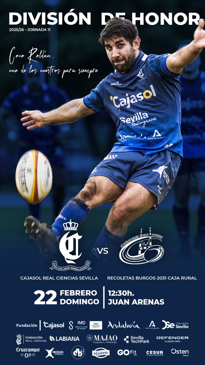 El domingo, el Cajasol Real Ciencias Sevilla vuelve a casa para disputar el último encuentro de la primera fase de <a href="/DHFerugby/">División de Honor de Rugby</a> frente a <a href="/RugbyAparejos/">Recoletas Burgos 2031 - Caja Rural</a> 
Un partido importante en lo deportivo… y será también el último partido de Coco Roldán con nuestra camiseta