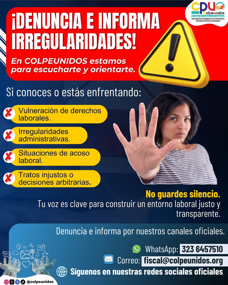 colpeunidos's tweet photo. 🚨 ¡Denuncia e informa irregularidades!

En COLPEUNIDOS te escuchamos y te orientamos.
Si enfrentas vulneración de derechos, acoso o situaciones injustas, no guardes silencio.

📢 Tu voz es clave para un entorno laboral justo y transparente.
🤝 Escríbenos por nuestros canales. https://t.co/PZ2jPi71Ge