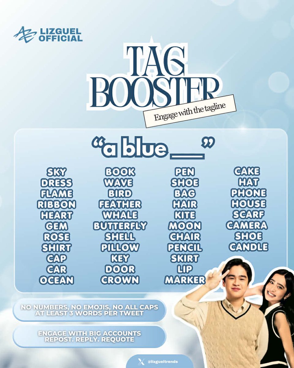lizgueltrend's tweet photo. TAG BOOSTER ONE
𝑹𝒆𝒑𝒍𝒚 • 𝑹𝒆𝒕𝒘𝒆𝒆𝒕 • 𝑹𝒆𝒒𝒖𝒐𝒕𝒆
Goal: Five Hundred Replies

Reminders:
- No numbers
- No Emojis
- No All Capslock
- At least three words per tweet
- Must have at least 100 followers

LIZGUEL ULTIM8 SACRIFICE
#LizGuel | @LizGuelOFC https://t.co/V52PFhsCgO