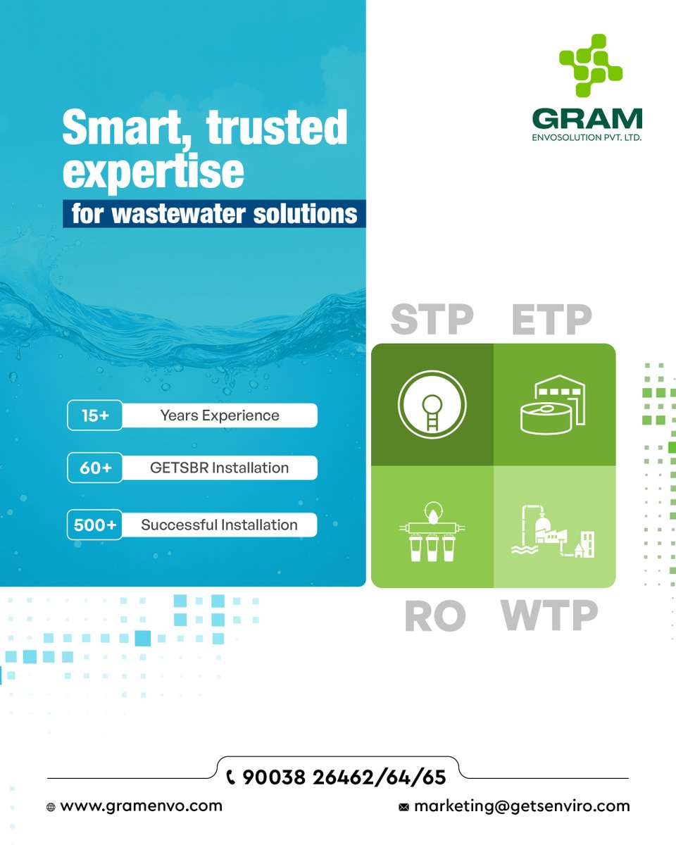 GramEnvo's tweet photo. Gram Services Delivers Comprehensive Water and Wastewater Treatment Solutions — from Design and Installation to Operation and Maintenance.

Visit - https://t.co/HiLCV3GwDF

#WastewaterSolutions #WaterTreatmentExperts #SmartWaterSolutions #STPPlant #ETPPlant #GRAMEnvosolution https://t.co/cVLeZTdCGy