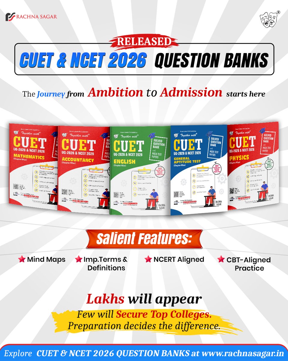 rachnasagargrp's tweet image. Ready for CUET 2026? 🎯
The CUET &amp;amp; NCET 2026 Question Banks are here to help!
🔑 NCERT-aligned
📚 Key Terms
📝 Real Exam Practice
Start your prep today! ✨
Explore: rachnasagar.in/cuet-books
#CUET2026 #StudyGoals