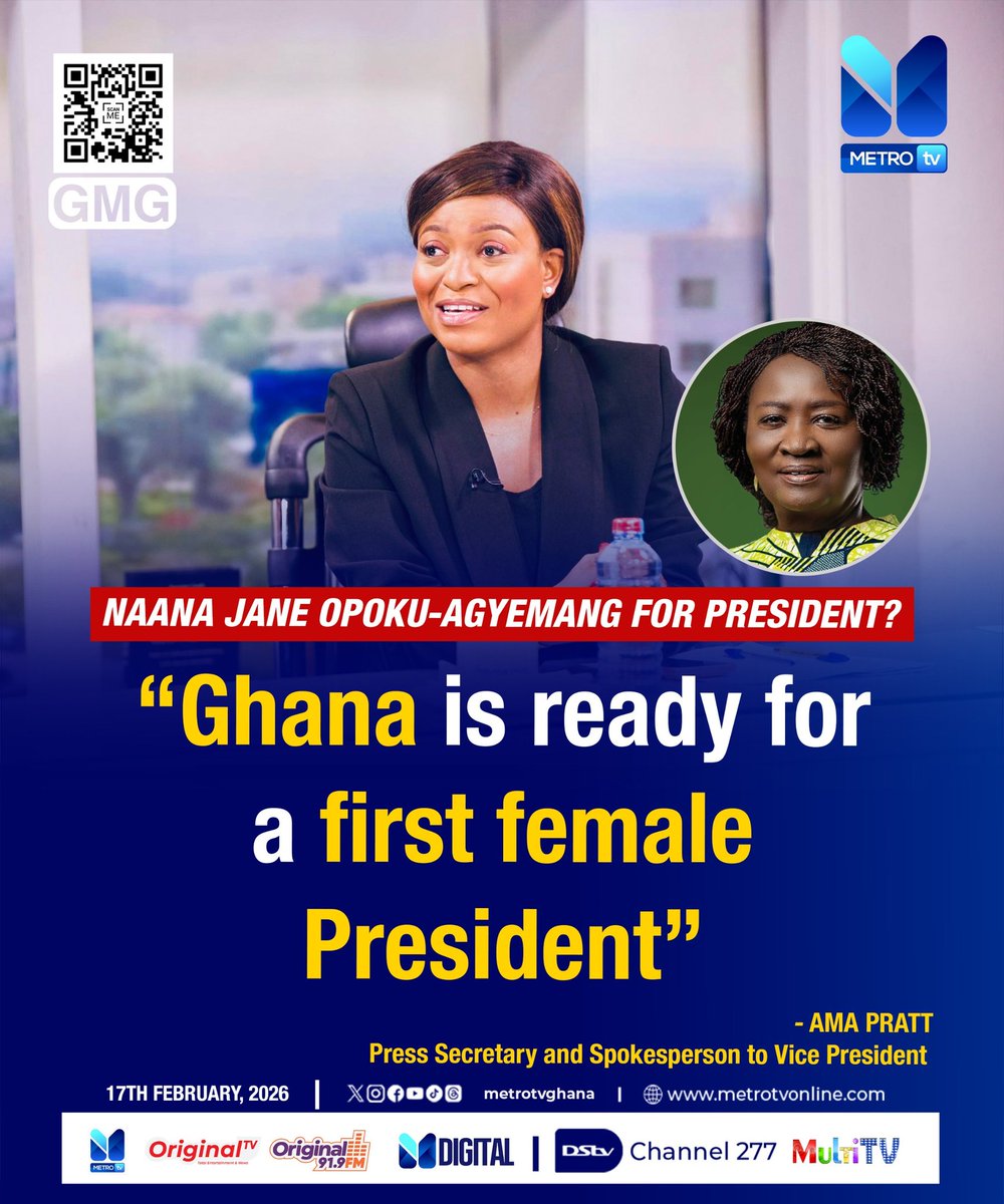 "Ghana is ready for a first female President "- Ama Pratt (Press Secretary and Spokesperson to the Vice President)

Click here for more stories 👇
metrotvonline.com 

#MetroNews #metrotvonline