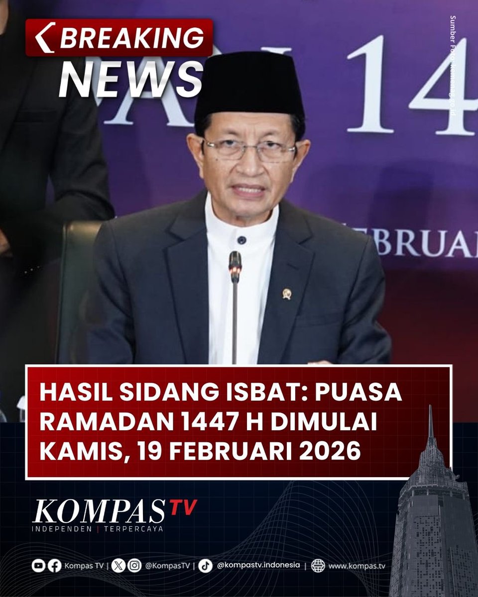 KompasTV's tweet photo. Dalam sidang isbat malam ini (17/2), Pemerintah melalui Kementerian Agama resmi menetapkan awal bulan suci Ramadan jatuh pada hari Kamis, 19 Februari 2026.

Keputusan ini diambil setelah mempertimbangkan hasil hisab serta laporan rukyatul hilal dari berbagai titik pemantauan di seluruh wilayah Indonesia.

#RamadandiKompasTV #BreakingNewsKompasTV
